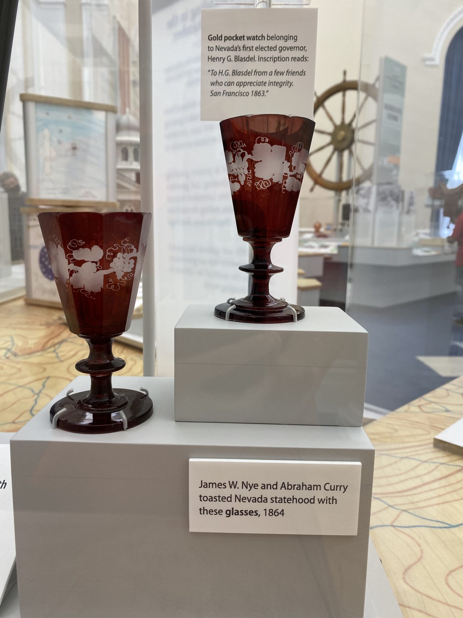 These glasses were used to toast Nevada statehood in 1864 by James W. Nye, governor of the Nevada Territory and a future U.S. Senator, and Abraham Curry, the founder of Carson City.  