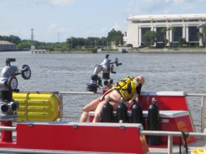 Aboard a fire and rescue boat along the Savannah riverfront.